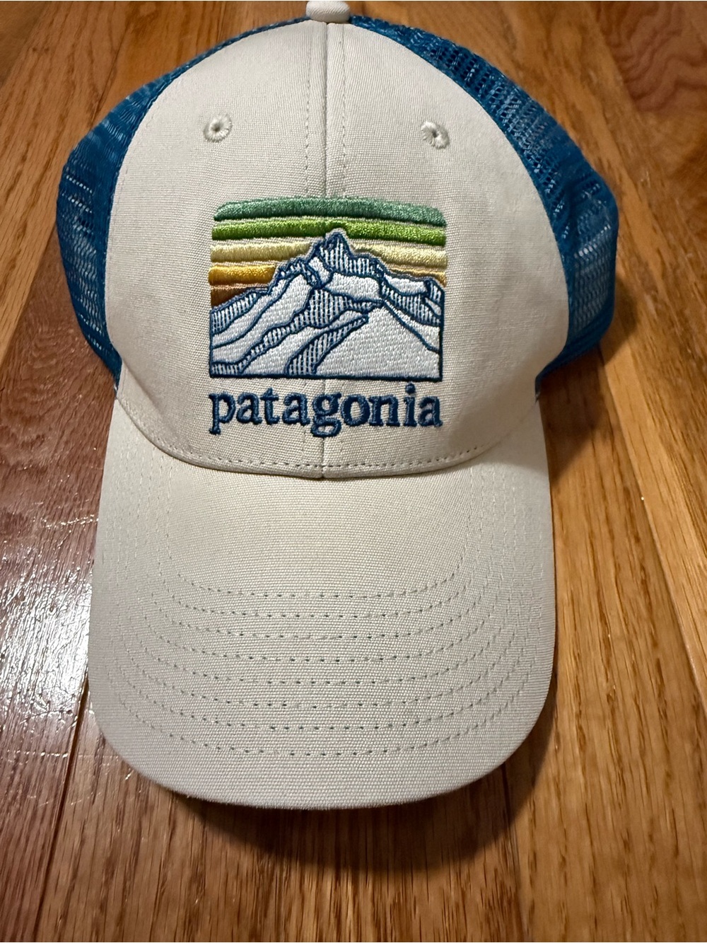Patagonia Cream and Blue Trucker Hat with Multi-Stripe Mountain Logo